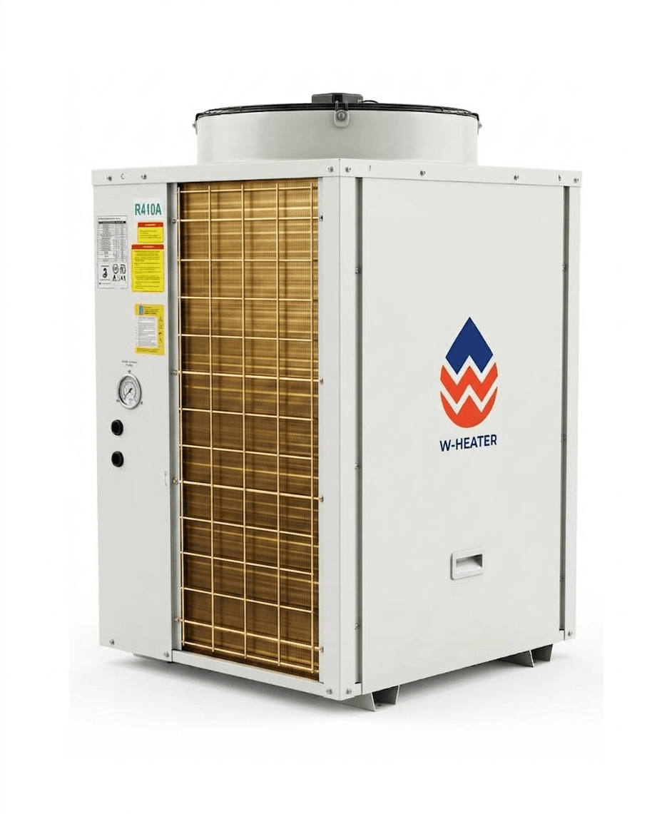 heat-pump-water-heater-w-heater-whc-23-5.5.webp Heat Pump Water Heater komersial vertikal heat pump W-Heater dengan lapisan evaporator Golden Fin anti-karat keemasan dan refrigeran R410A bergaransi, standar euro